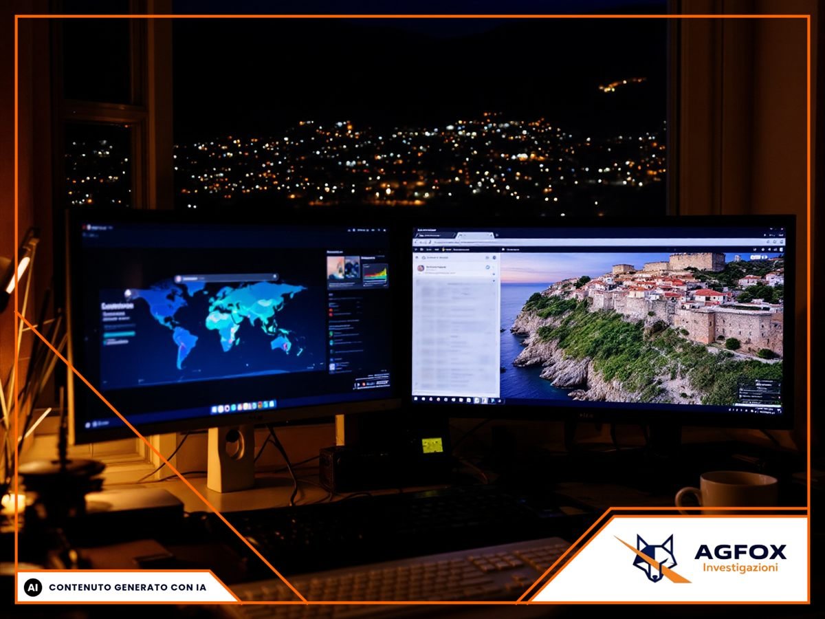 Postazione di analisi con due monitor spenti e tastiera in un ufficio moderno del capoluogo dauno, luce fredda del pomeriggio